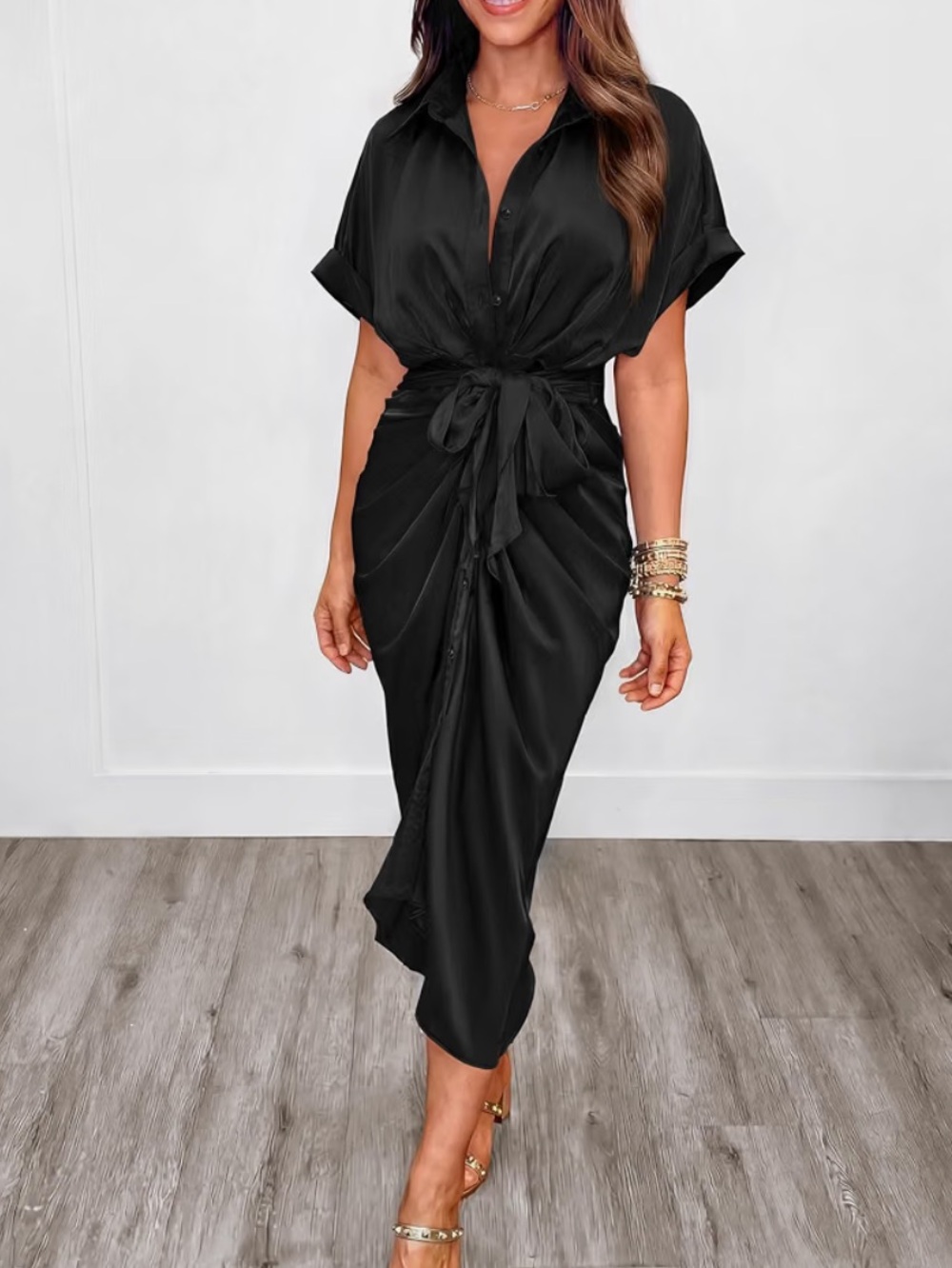 Women's Black Satin Button-Front Tie-Waist Midi Dress